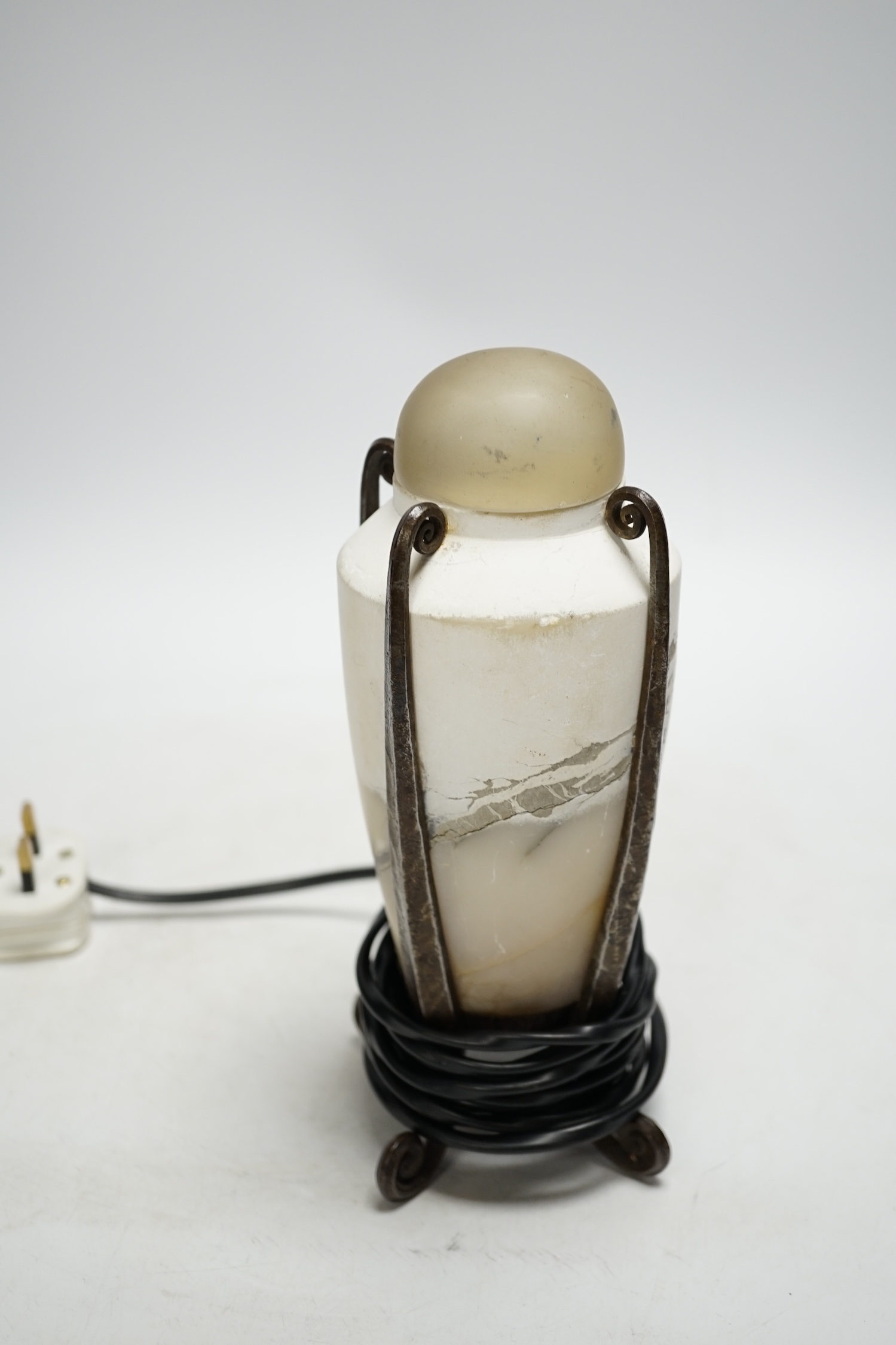 An Art Deco marble urn shaped lamp with decorative stand and crystal dome, 21cm high